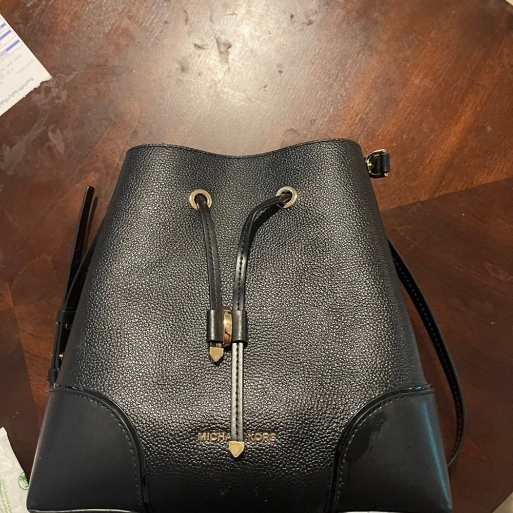 Michael Kors Black Bucket Shoulder Bag with Gold Accents